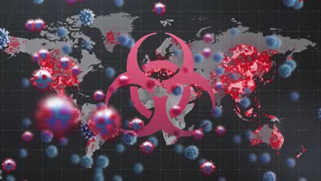 animación del símbolo de peligro biológico y las células virales sobre el mapa del mundo en llamas