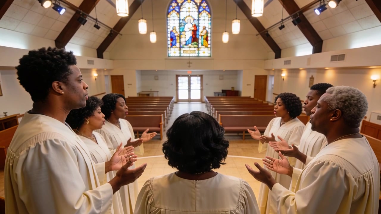 Conductor cueing 7 choir singers singing, gesturing in church under stained-glass