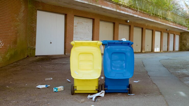 Vandalismo contro cestini dei rifiuti nei colori della bandiera ucraina (giallo e blu)