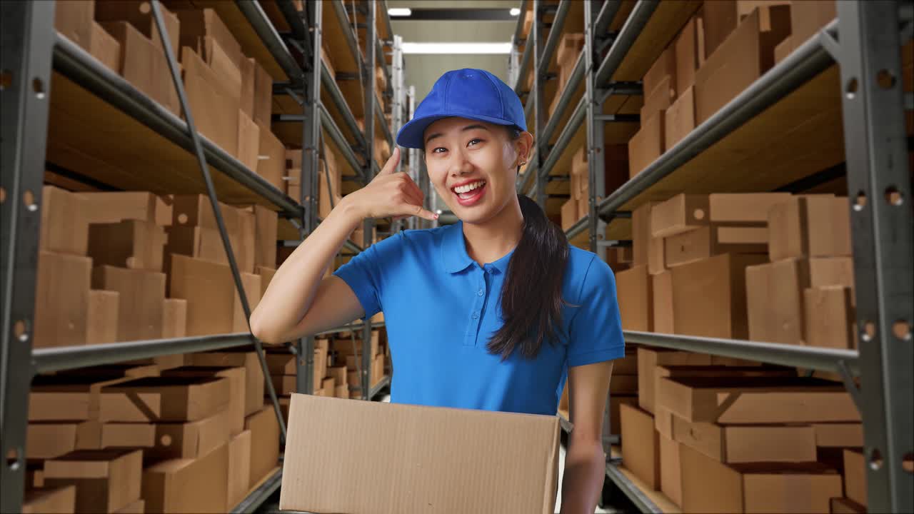 mensajera asiática en uniforme azul mostrando me llame gesto y sonriendo mientras entrega una caja en el almacén