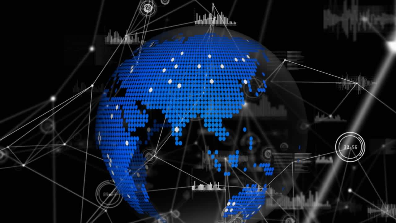 Globe spinning over network of connections and data processing on black background