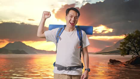 asian male hiker with mountaineering backpack screaming goal celebrating the success at a lake