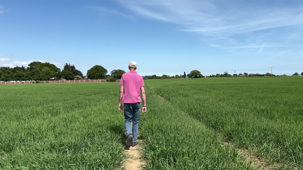 Follow video of a man walking through a grassy meadow, camera follow shot.