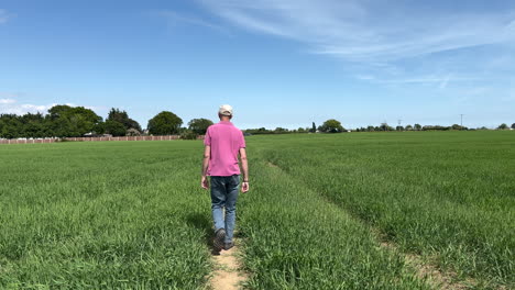 follow video of a man walking through a grassy meadow, camera follow shot.