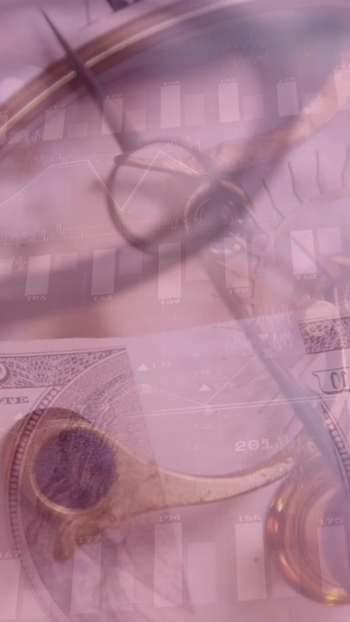 Animation of financial data processing and clock over dollars and stehoscope