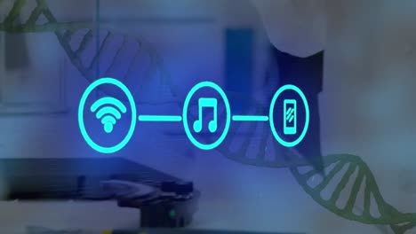 animación de una red de iconos digitales contra la sección media de un científico masculino que trabaja en un laboratorio