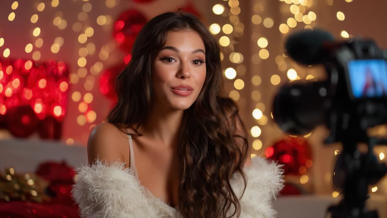A captivating young woman with long dark hair smiles while interacting with a camera against a beautifully decorated background of soft lights and festive decor, showcasing warmth and charm in a joyful setting