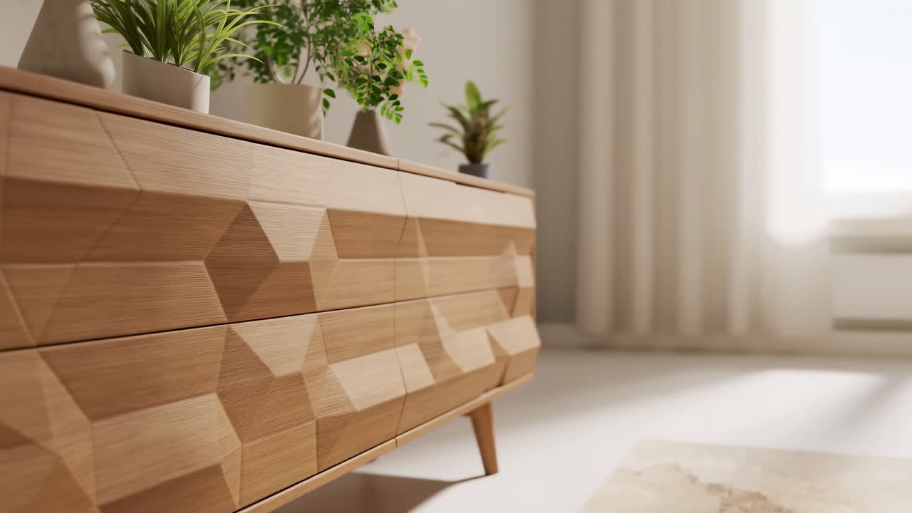 Sonnenbeschienenes Wohnzimmer mit hölzerner geometrischer Kommode und Topfpflanzen auf einem strukturierten Sideboard, weiche Vorhänge streuen das Licht.
