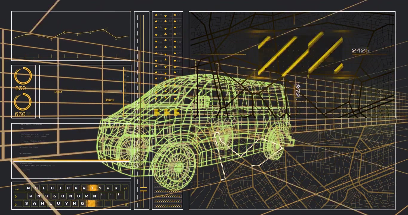 Van em wireframe escaneando com painéis de dados deslizantes, atualizando gráficos, leituras contando e depois retraindo