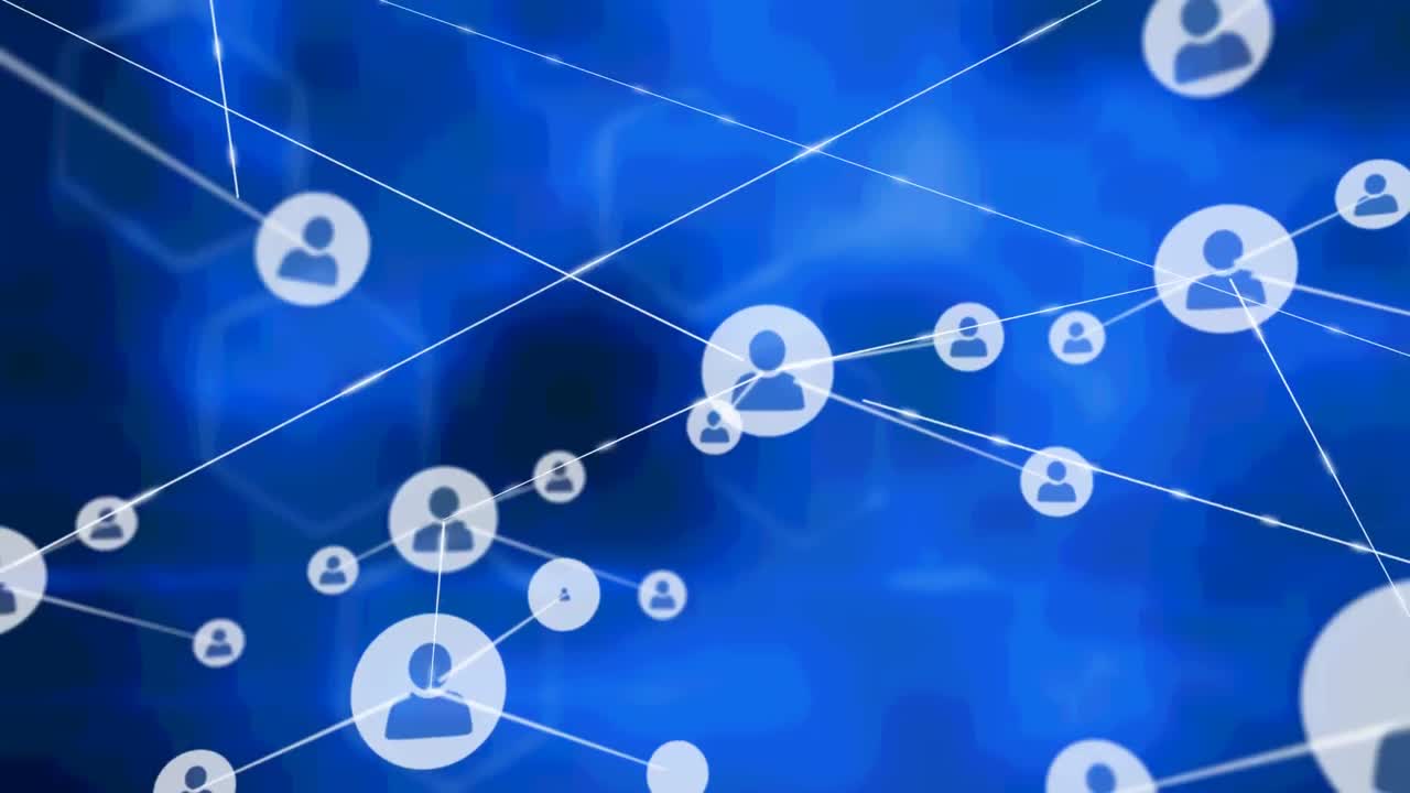 animación de redes de conexiones con iconos sobre formas azules sobre fondo negro