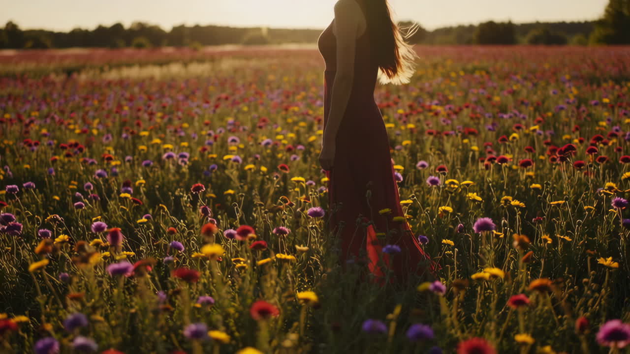 Woman in a Red Dress Walking Through a Colorful Flower Field at Sunset