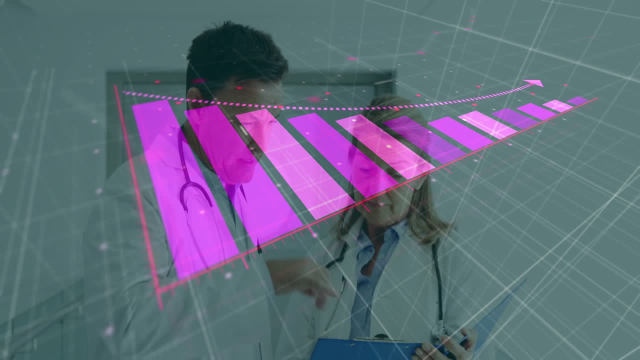 Animation of diagram and data processing over caucasian doctors talking in hospital