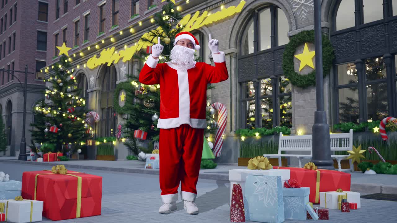 아시아 산타클로스의 몸이 가득 차 있습니다. 크리스마스 밤에 서 있는 동안 지표손가락을 올리고 있습니다.