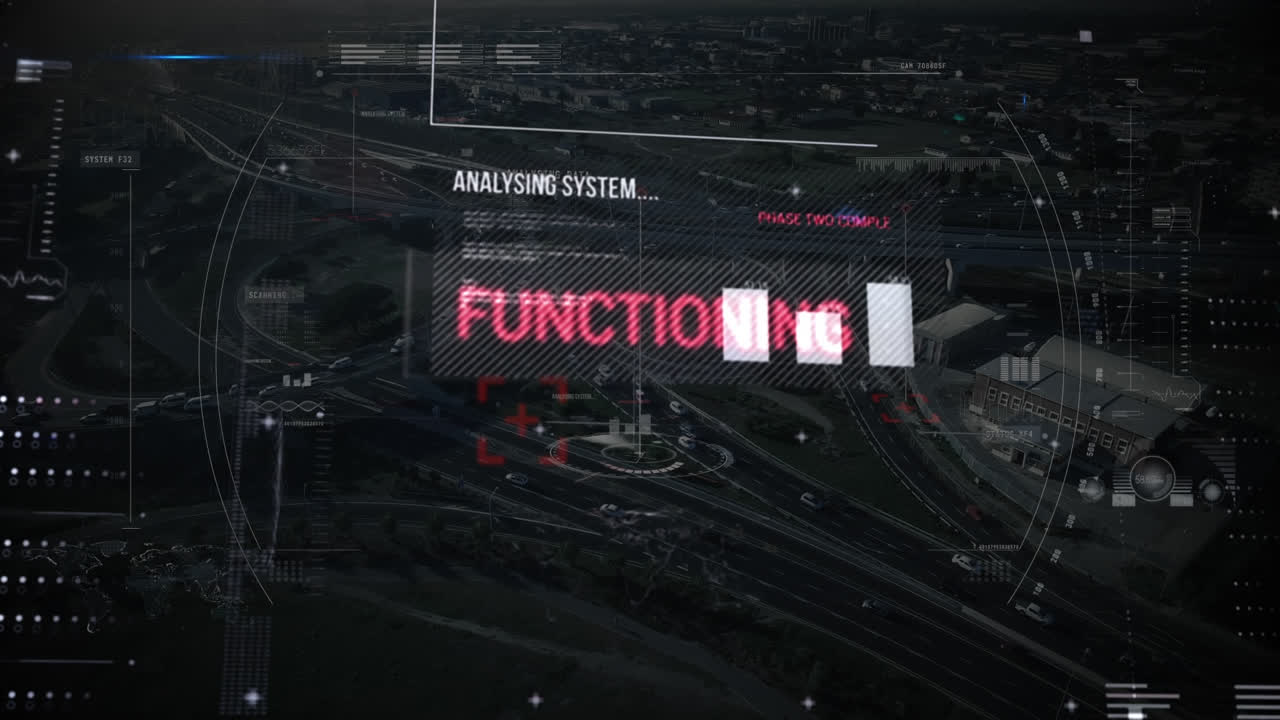 Animation of data processing and analysing on screen over cityscape