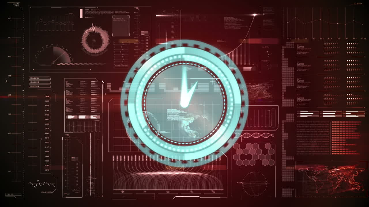 Animation of clock moving fast and data processing over screen