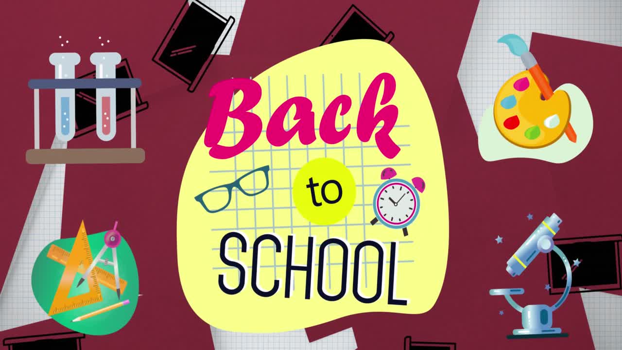 학교로 돌아가는 텍스트 배너와 학교 개념 아이콘이 노트북 아이콘에 떨어지는 애니메이션