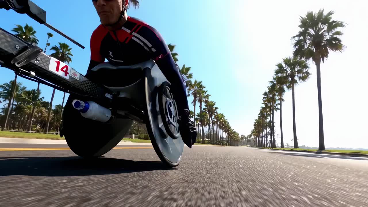 Video dal basso di un ciclista su handbike che sfreccia lungo una strada fiancheggiata da palme sotto un cielo terso