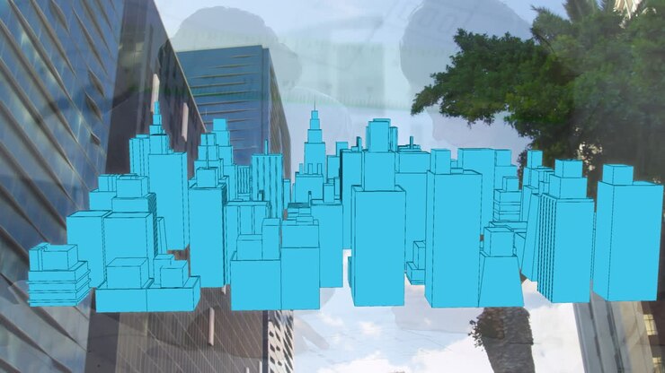 Animação de modelo 3D de cidade sobre paisagem urbana