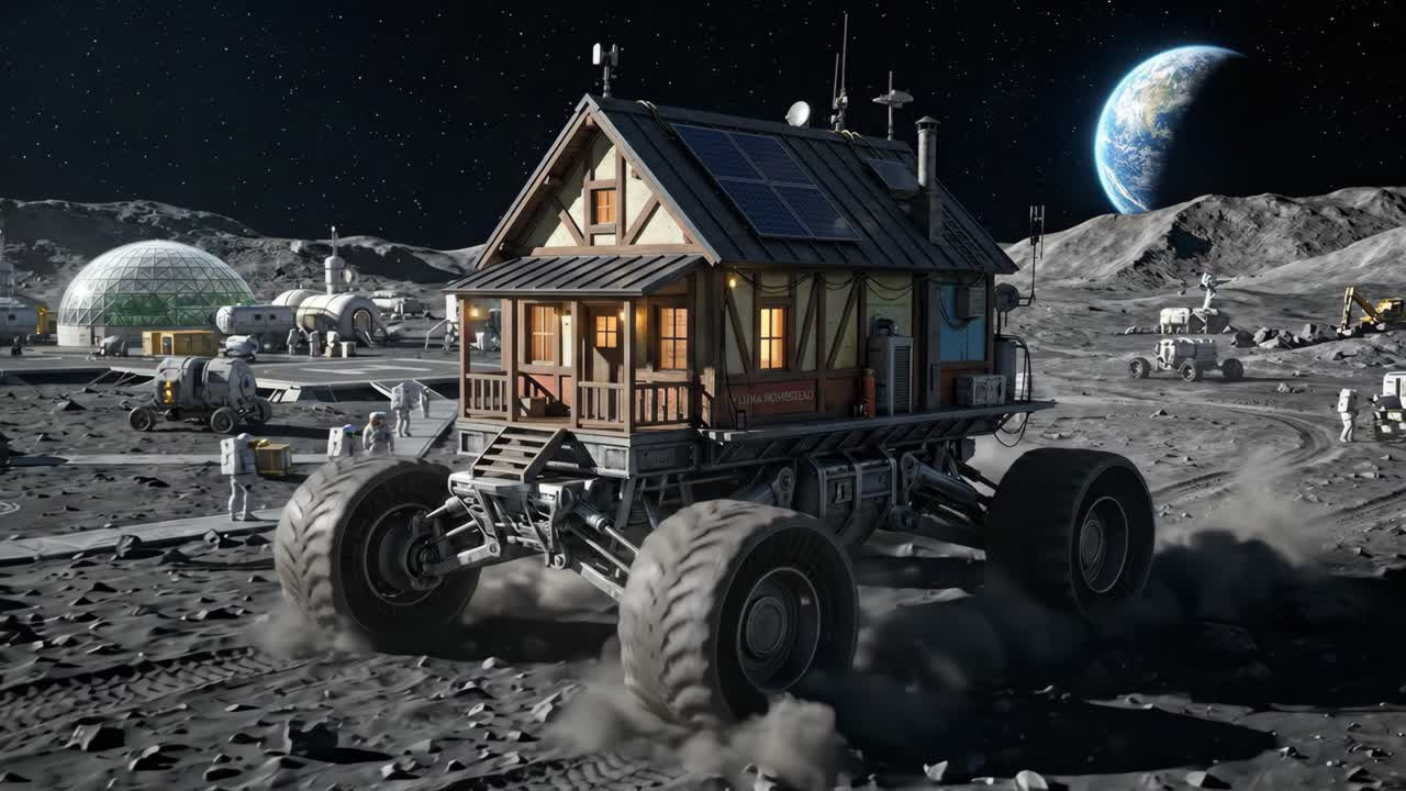 Futuristický mobilní dům-rover pohybující se po měsíčním povrchu s astronauty a Zemí
