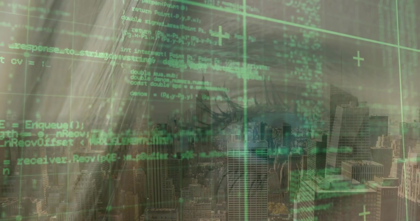 Animation of data processing over cityscape