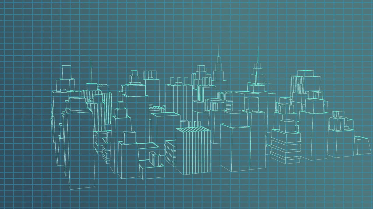 animación de la arquitectura 3d del dibujo de la ciudad girando sobre la cuadrícula