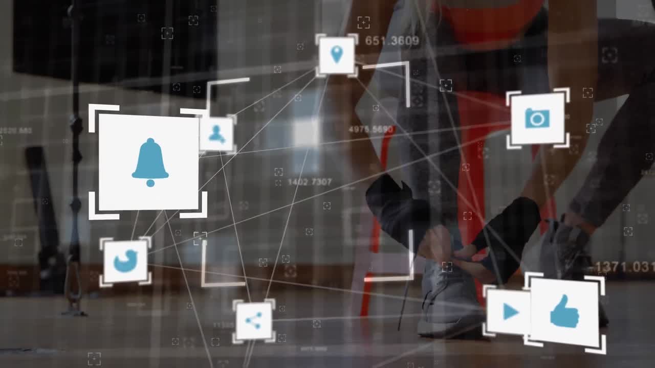 red de iconos de conexión contra la mujer atando sus cordones