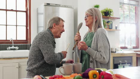 happy, senior couple and cooking singing