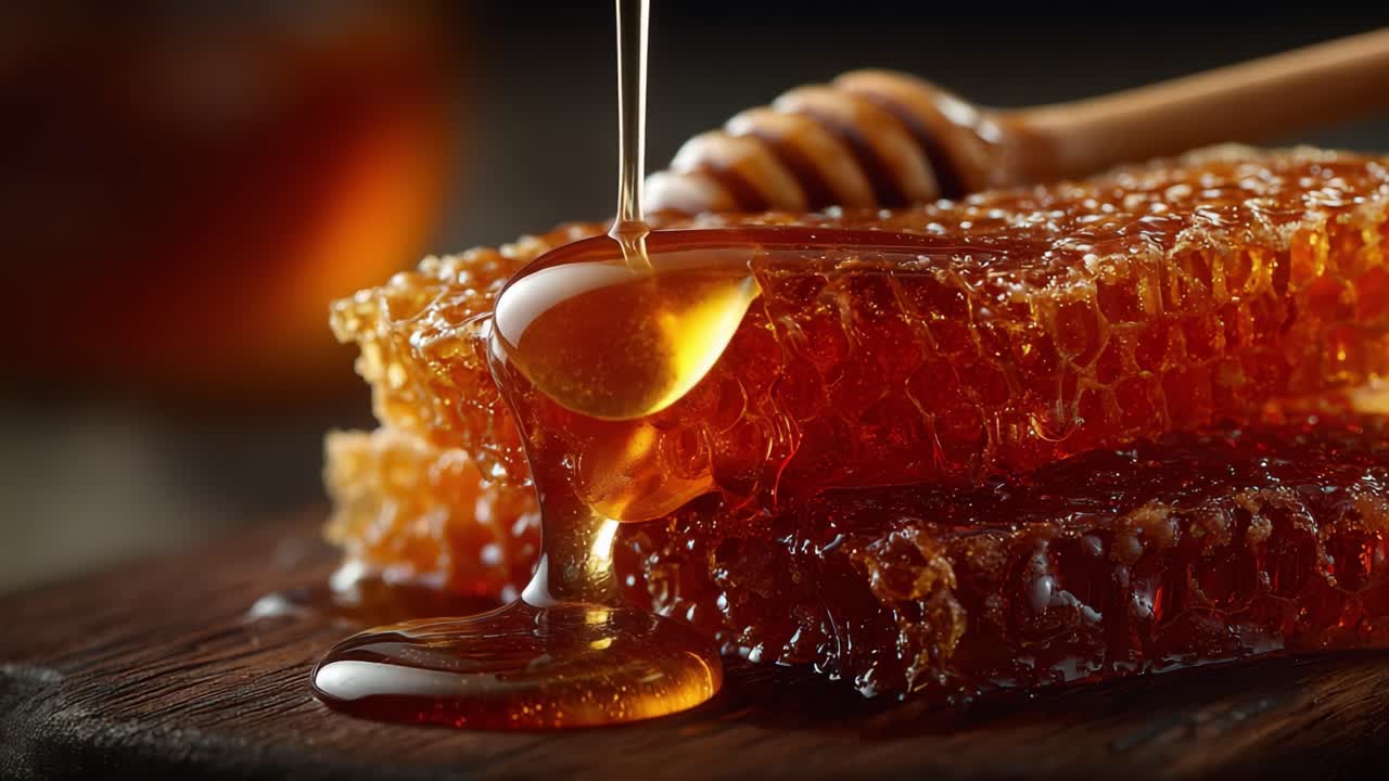 Un primo piano di miele dorato che cola dal favo, catturando la ricca consistenza e il colore del miele naturale in una presentazione splendidamente realizzata.