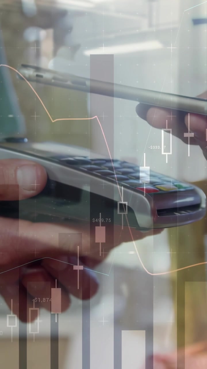 Vertical video: Phone entering, clerk aligning phone over terminal, paying by tap, finance overlay