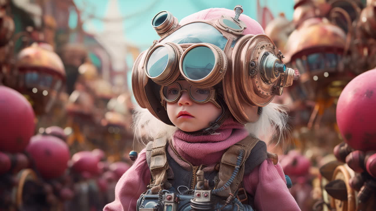 niño pequeño en el entorno vintage cyber punk hecho en ai