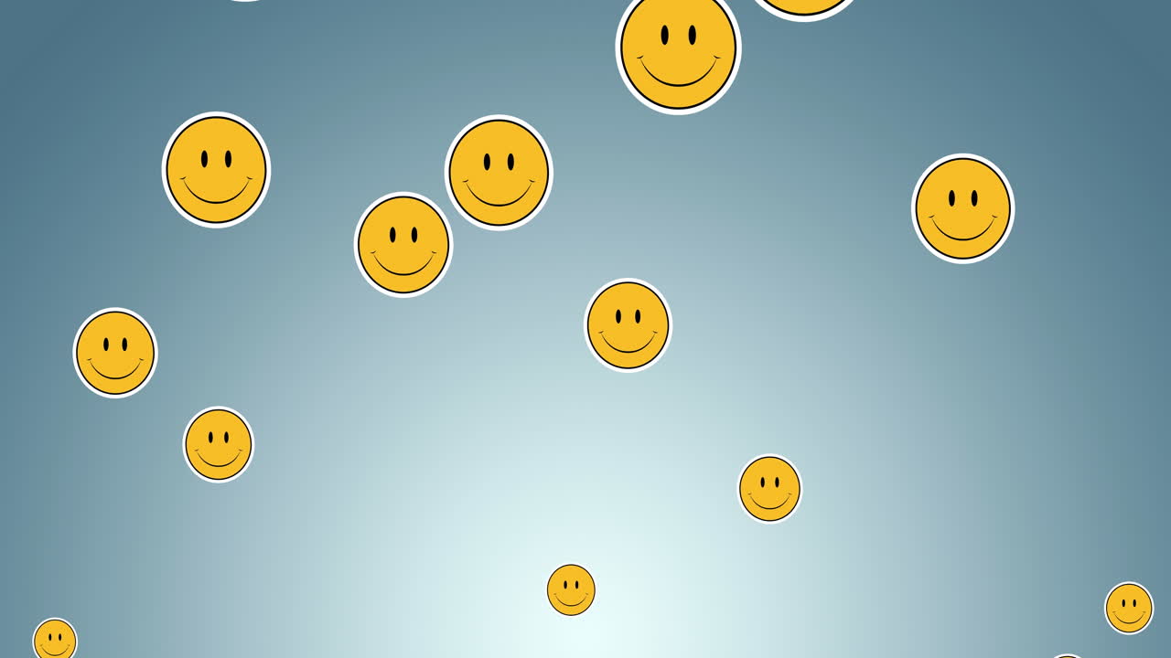 animación digital de múltiples emojis de caras sonrientes flotando contra un fondo de gradiente azul