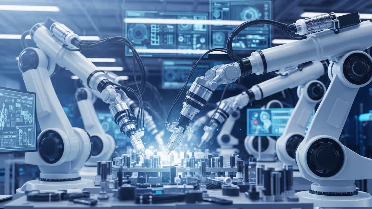 A Cutting-Edge Robotic Assembly Line Featuring Advanced Robotic Arms and High-Tech Displays, Showcasing Automation in Modern Manufacturing Environments.