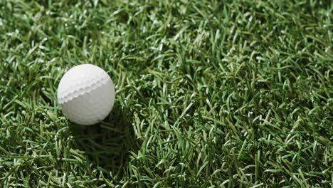 Primer-Plano-De-Una-Pelota-De-Golf-Sobre-Hierba,-Espacio-Para-Copiar,-Cámara-Lenta