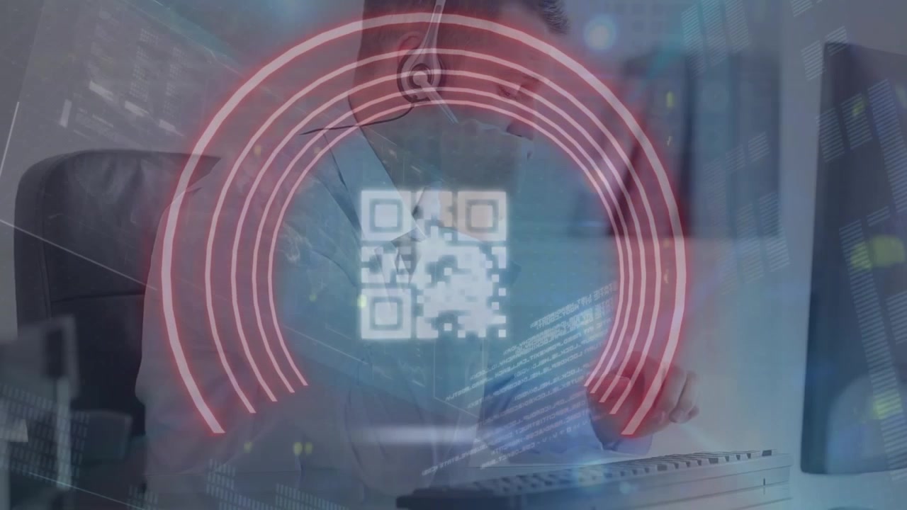 Animation of security padlock and data processing over happy woman using phone headset