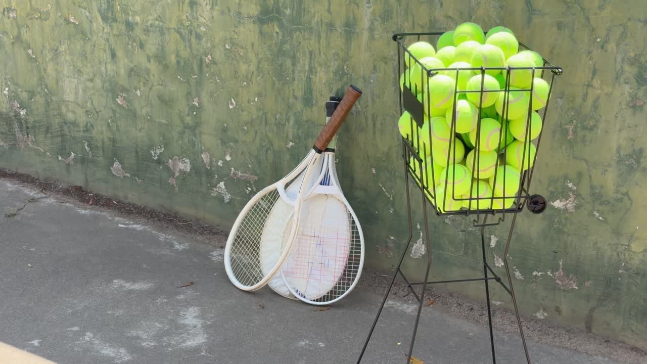 A bucket of tennis balls and tennis rackets on a training tennis court