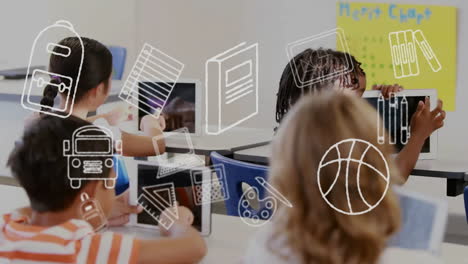 animation of education school icons over diverse school children in classroom