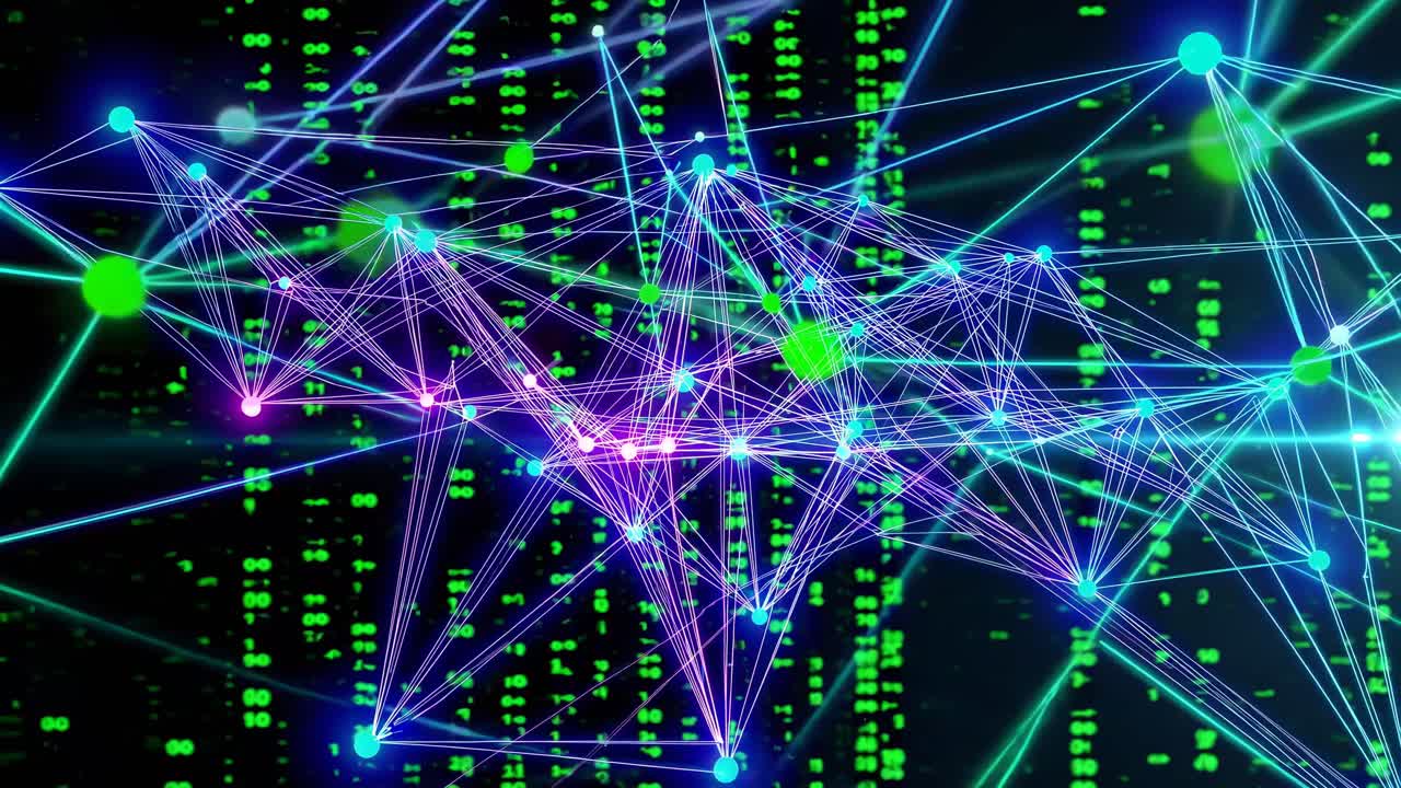 Digital Data Network with Glowing Nodes and Matrix Code