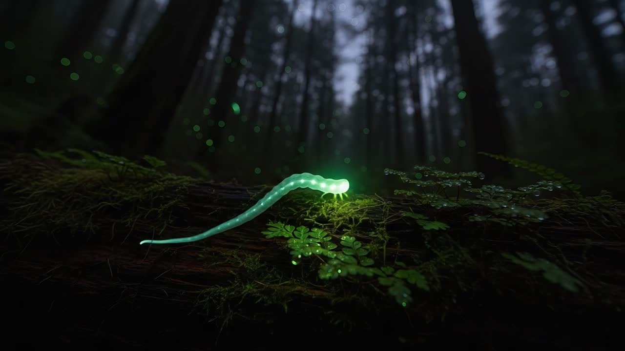 A Glowing Example of Nature's Wonders: A Close-Up of a Bioluminescent Creature Crawling Over a Mossy Log in a Mystical Forest Environment