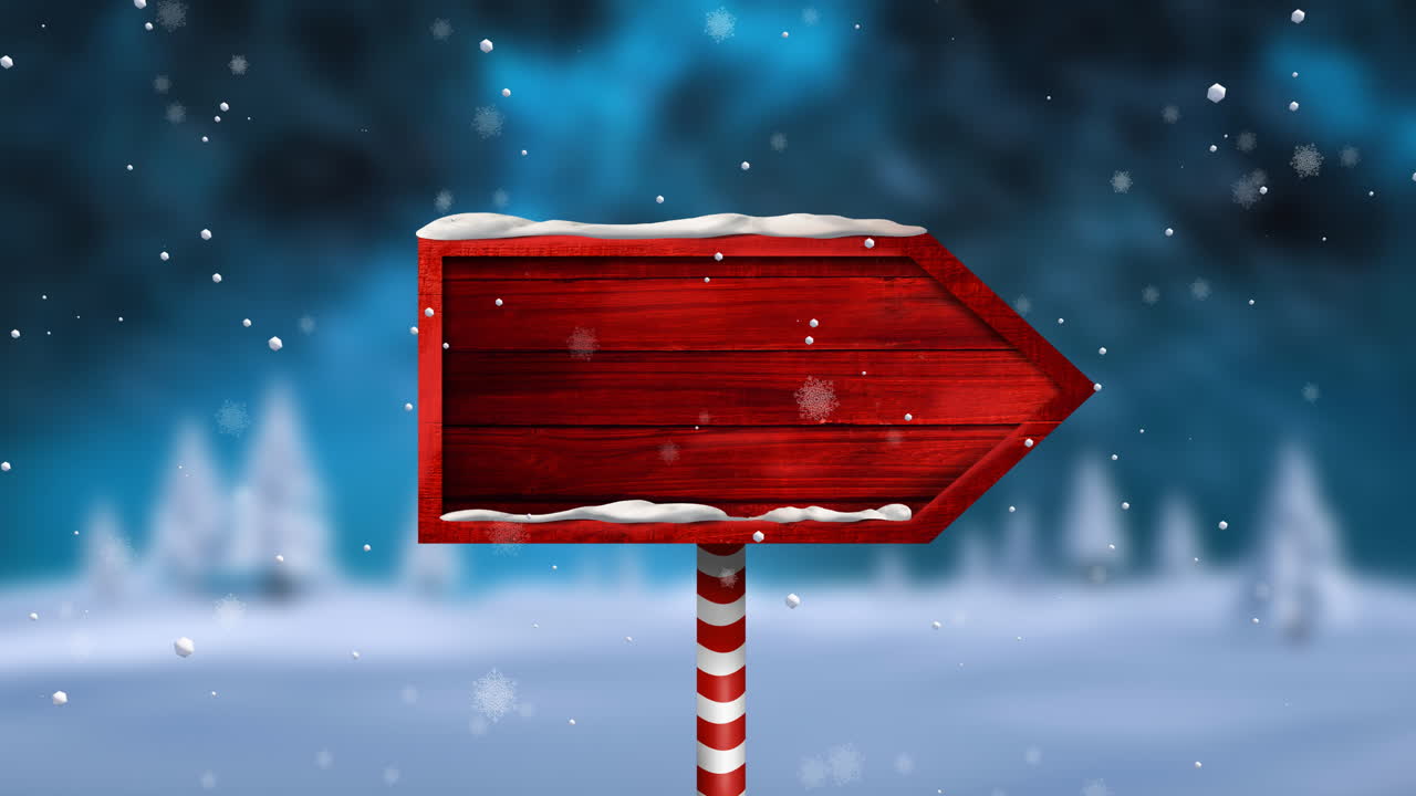 크리스마스에 눈이 떨어지는 애니메이션 빨간 표지판과 겨울 풍경 배경에서 공간을 복사