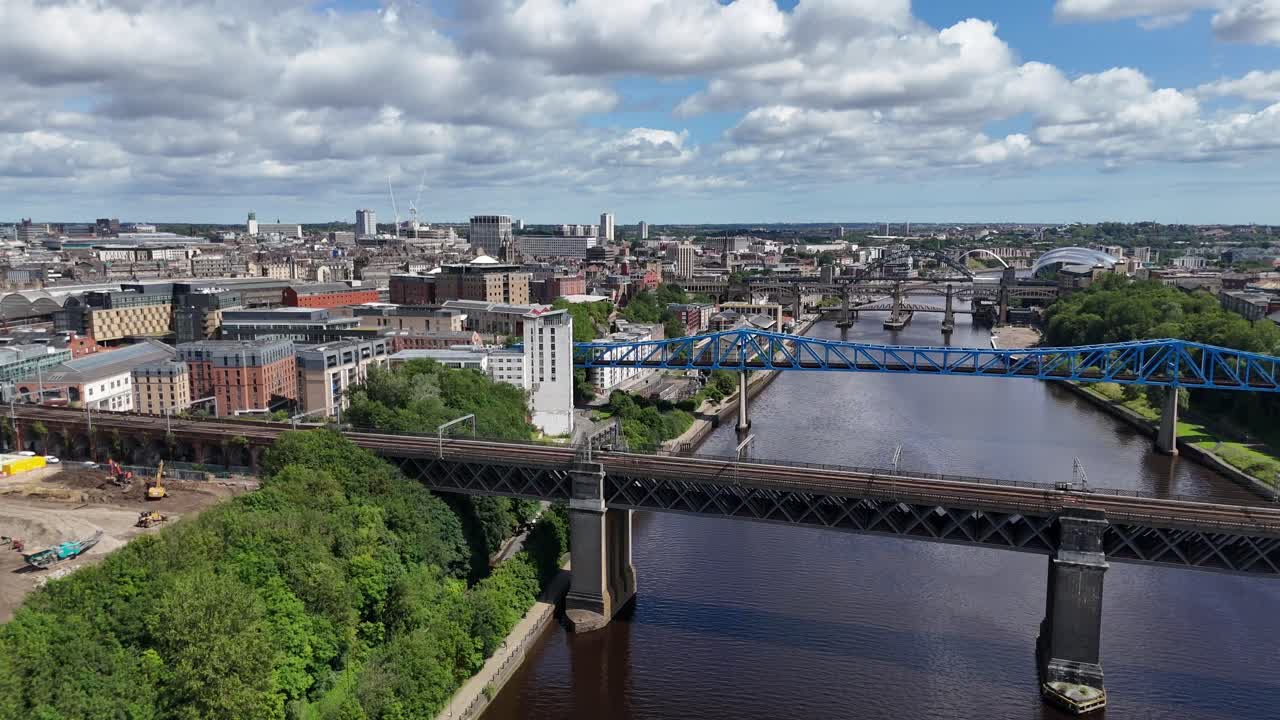 Drone Aerial View Footage Newcastle Upon Tyne City Tyneside Geordie North East England UK Gateshead Bridge