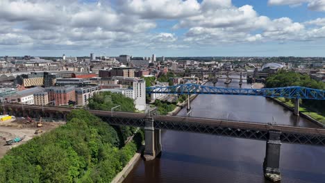 Drone Aerial View Footage Newcastle Upon Tyne City Tyneside Geordie North East England UK Gateshead Bridge