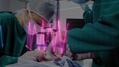 animación del monitor de ritmo cardíaco sobre un equipo de diversos cirujanos que realizan una operación en el hospital