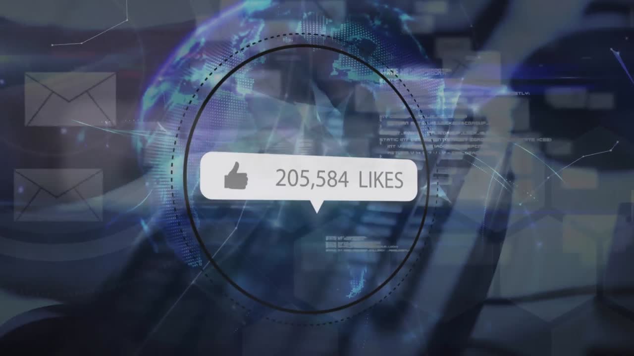 Animation of data processing, number of likes and envelope icons over hands typing on keyboard