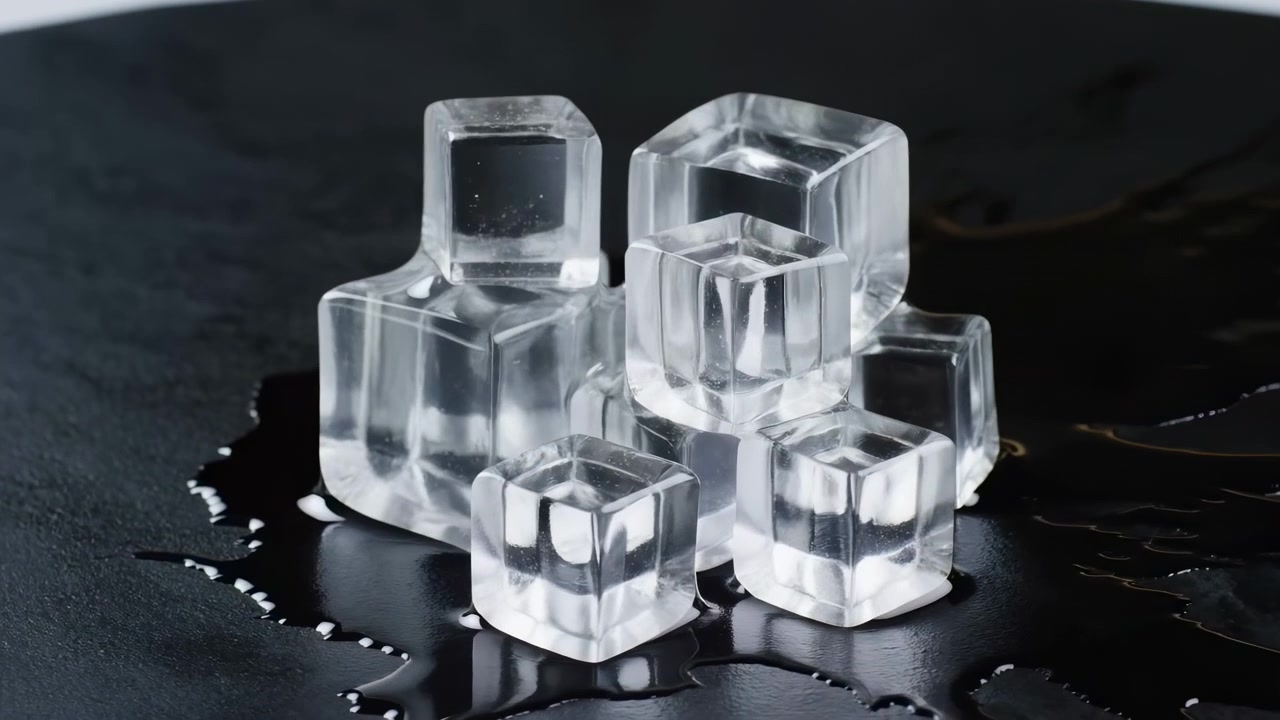 Cubos de gelo transparentes estão empilhados sobre uma superfície preta brilhante com água de degelo espalhada, reflexos suaves e iluminação de estúdio escura e dramática.