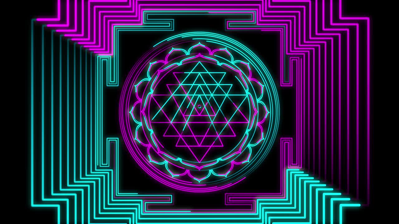 Abstract neon flying geometric tunnel with Sri Yantra Mandala. Seamless loop 4k background. Futuristic corridor with Neon Lights. Virtual reality design 3d render. Beautiful mandala pattern for Diwali