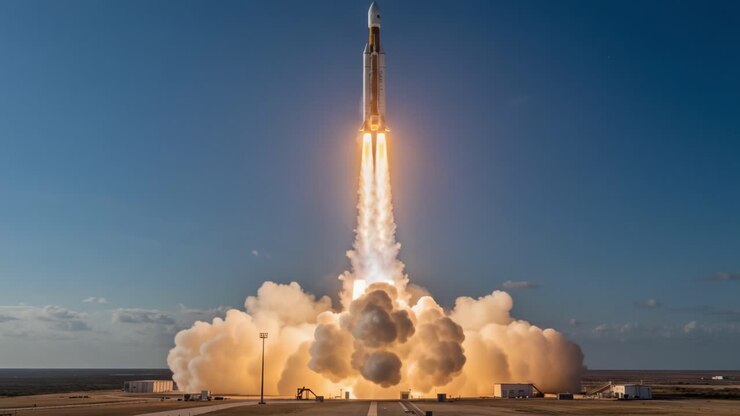 Spectacular Rocket Launch Captured in Two Frames: A Stunning Display of Power and Engineering as the Rocket Ascends into the Sky with Vivid Flames and Billowing Smoke