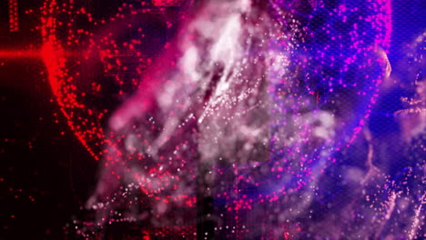 abstract particles and light trails animation over dark background with red and purple hues