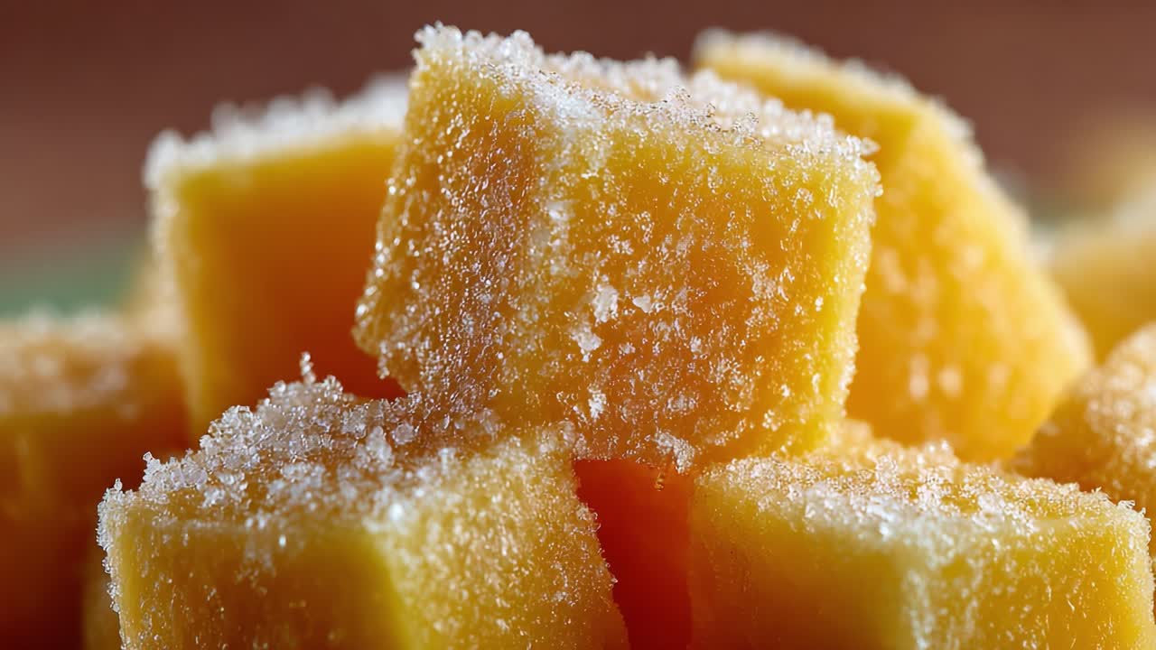 Uma Vista em Close-Up de Cubos Coloridos Revestidos de Açúcar Exibindo uma Textura Amarela Vibrante e Cristais de Açúcar Brilhantes, Evocando Doçura e Prazer Culinário