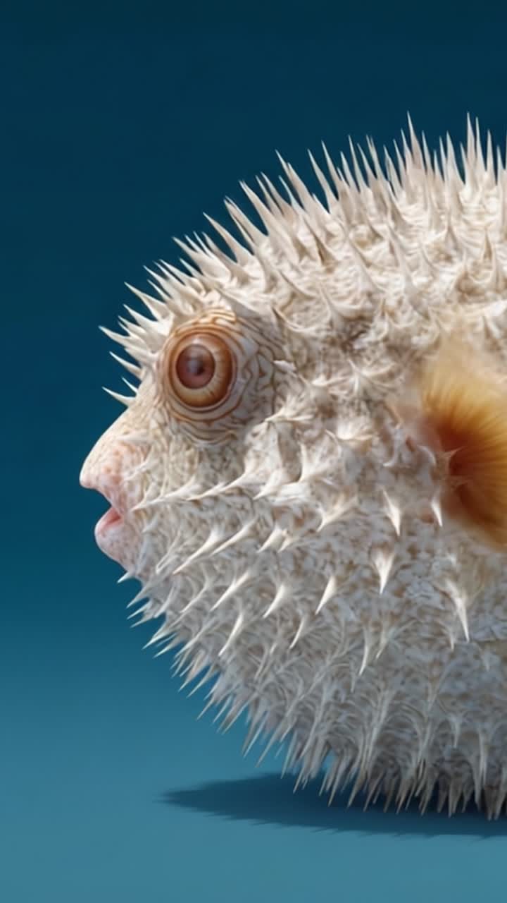 Una vista ravvicinata di un pesce spinoso unico che ne evidenzia la pelle ruvida e le caratteristiche distintive sotto uno sfondo di illuminazione morbida e vibrante in un ambiente acquatico.
