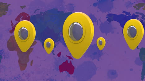 animación de alfileres de ubicación amarillos rebotando sobre el mapa del mundo